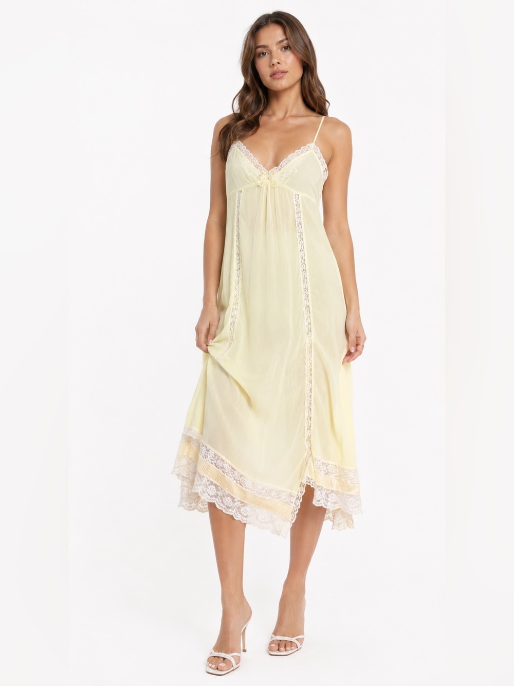 60s European Vintage Riema Silky Lace Midi Slip Dress (Pale Yellow/White) M/L